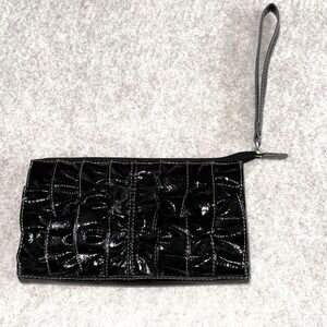 Black Ruffled Patent Faux Leather Wristlet Clutch Evening Bag Wedding Formal